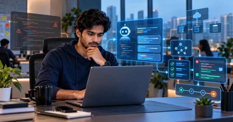 Indian software developer using AI-assisted coding and prompt engineering in a professional development workflow