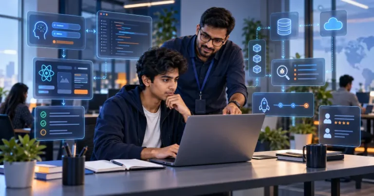 Student learning full stack development with AI prompting, coding, debugging and instructor feedback