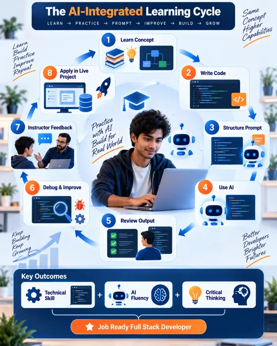 Infographic showing coding, prompting, AI review, debugging, feedback and live projects in full stack training