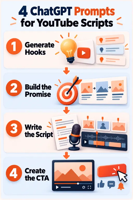 Four-step ChatGPT YouTube scriptwriting workflow showing hook generation, viewer promise and structure, full script development with pattern interrupts, and natural call to action.