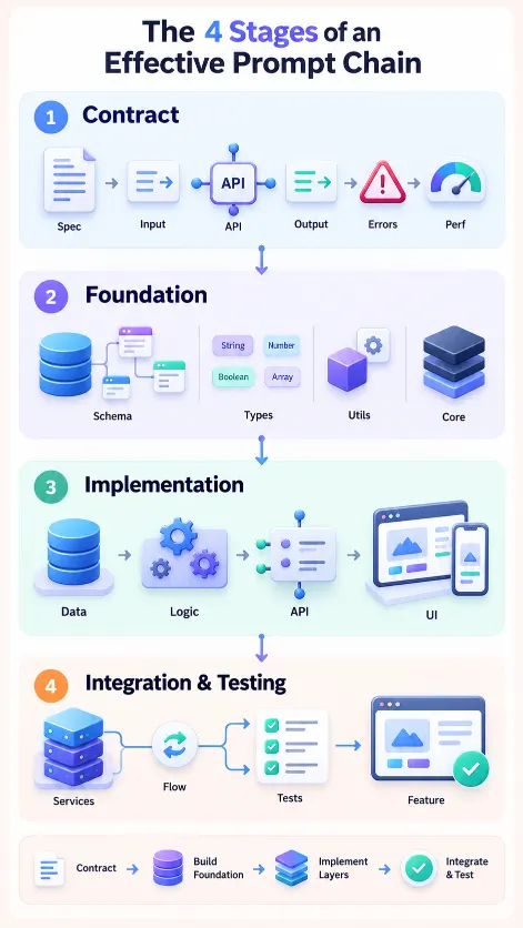 Four stages of prompt chaining from technical contract to integration and testing