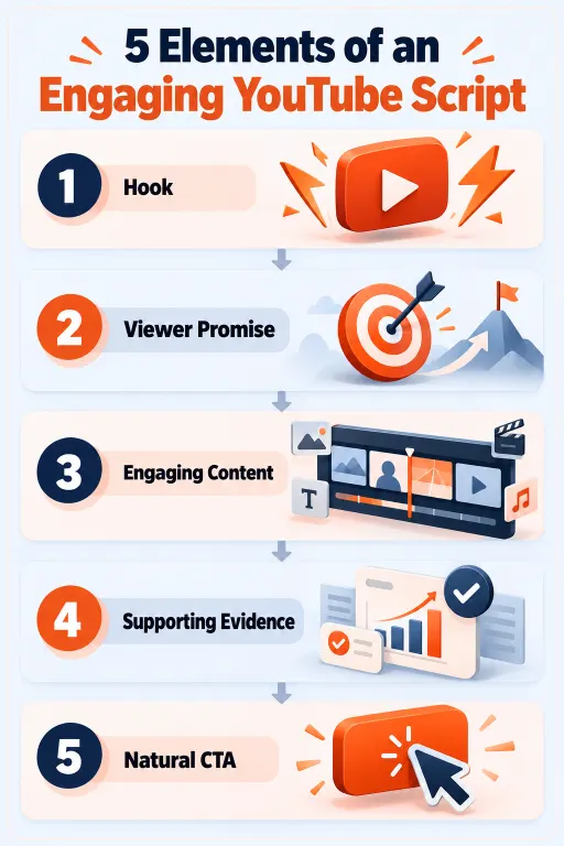 Vertical infographic illustrating five YouTube script components: hook, viewer promise, engaging content with pattern interrupts, supporting evidence, and natural call to action