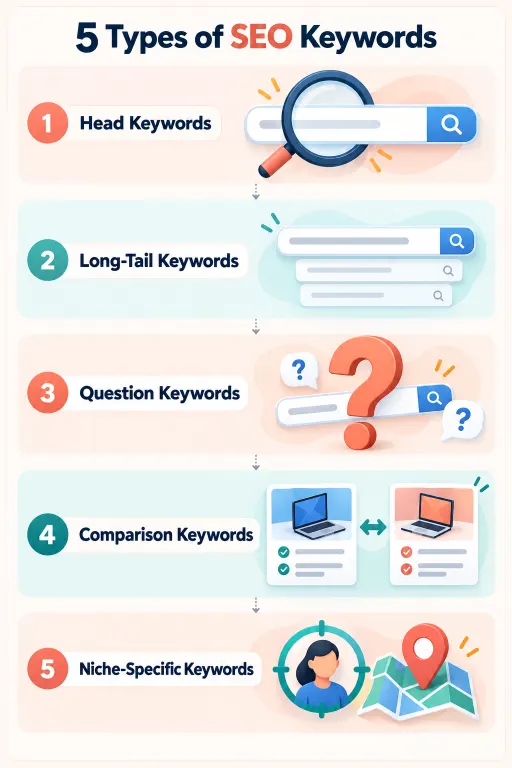 Educational infographic illustrating five keyword categories for SEO research: head terms, long-tail, question-based, comparison and niche-specific keywords