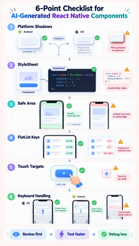Six-point checklist for reviewing AI-generated React Native components before testing