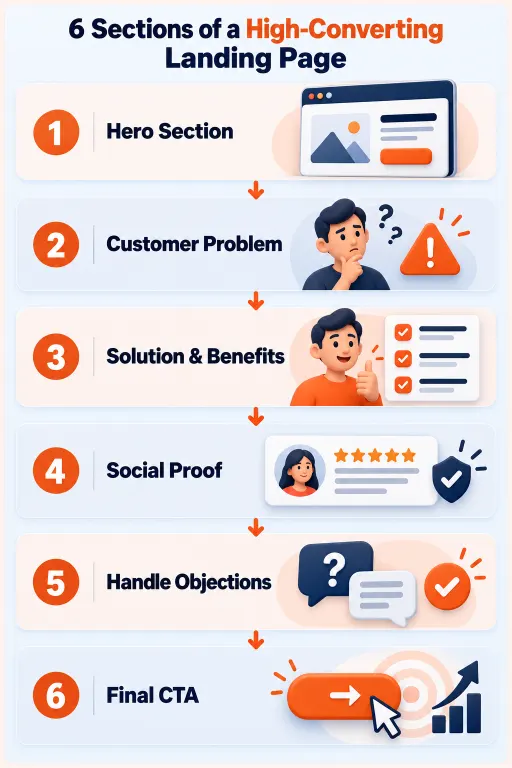 Six-section landing page infographic showing a hero headline, customer problem, solution, social proof, objection handling, and final call to action.