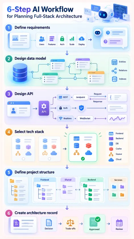 Six-step AI workflow for planning full-stack application architecture before coding