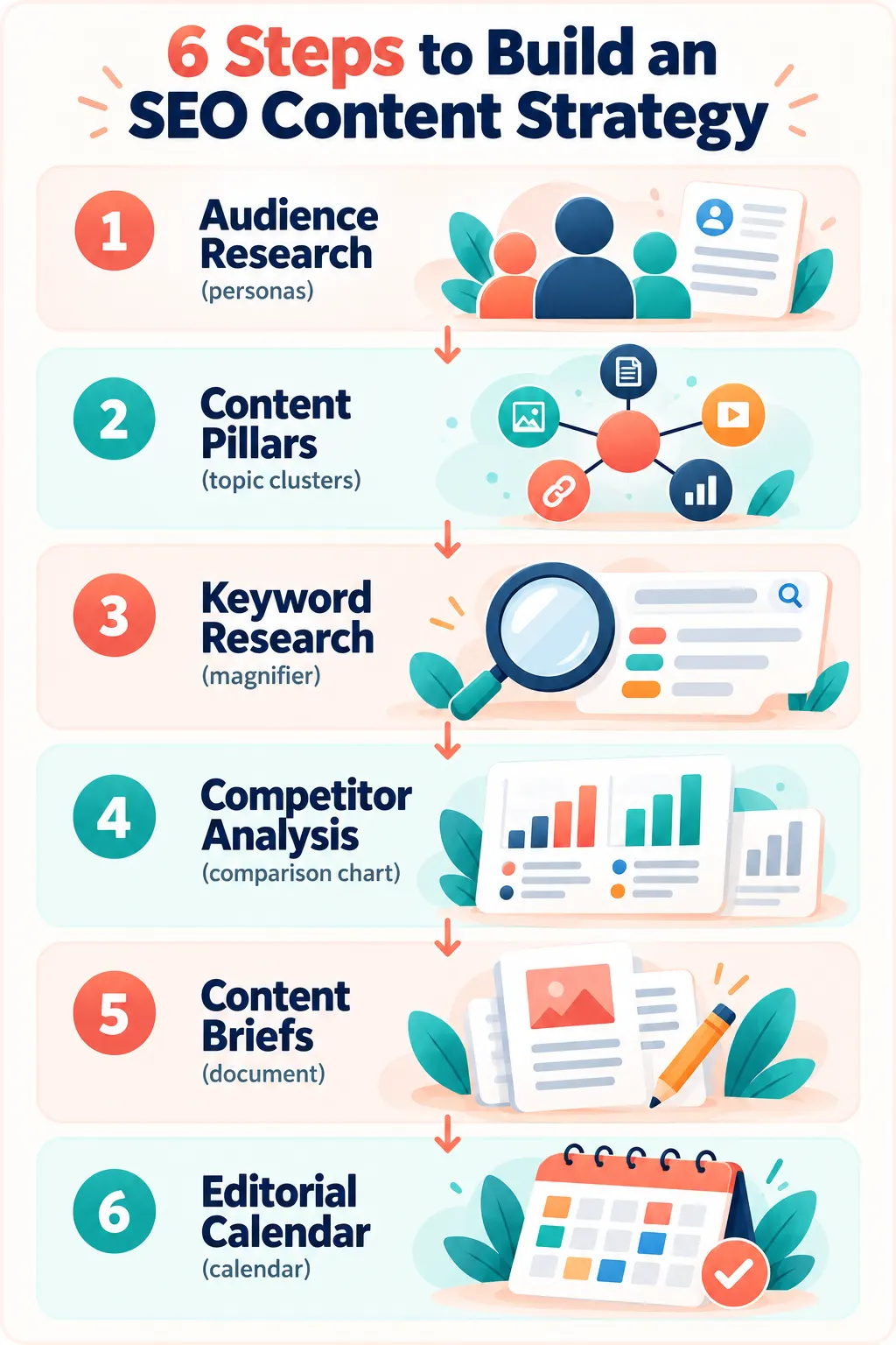 Vertical infographic showing six stages of ChatGPT SEO strategy, from audience research and content pillars to keyword research, competitor analysis, content briefs and editorial calendar.
