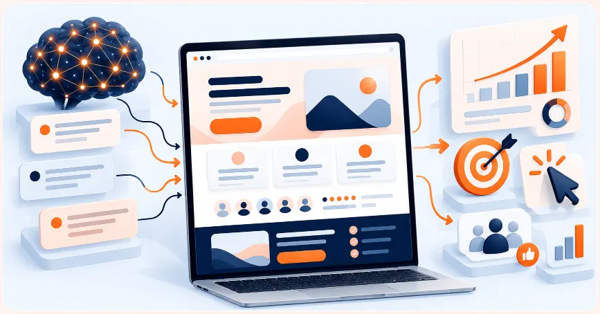 Vector illustration of an AI-powered landing page builder with a website layout, conversion analytics, call-to-action button, and no-code design elements.