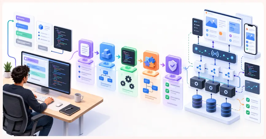Developer using connected AI prompts to build an integrated application feature step by step