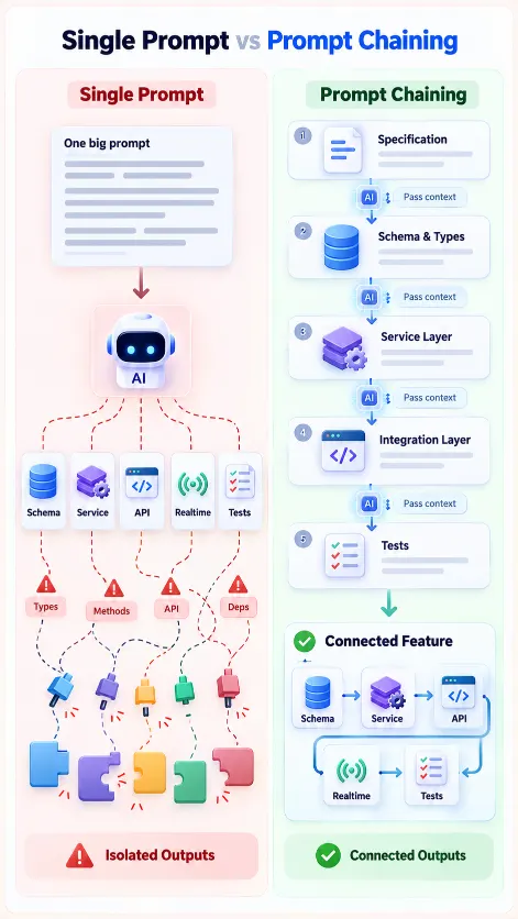 Comparison of single-prompt AI development and connected prompt chaining for complex app features